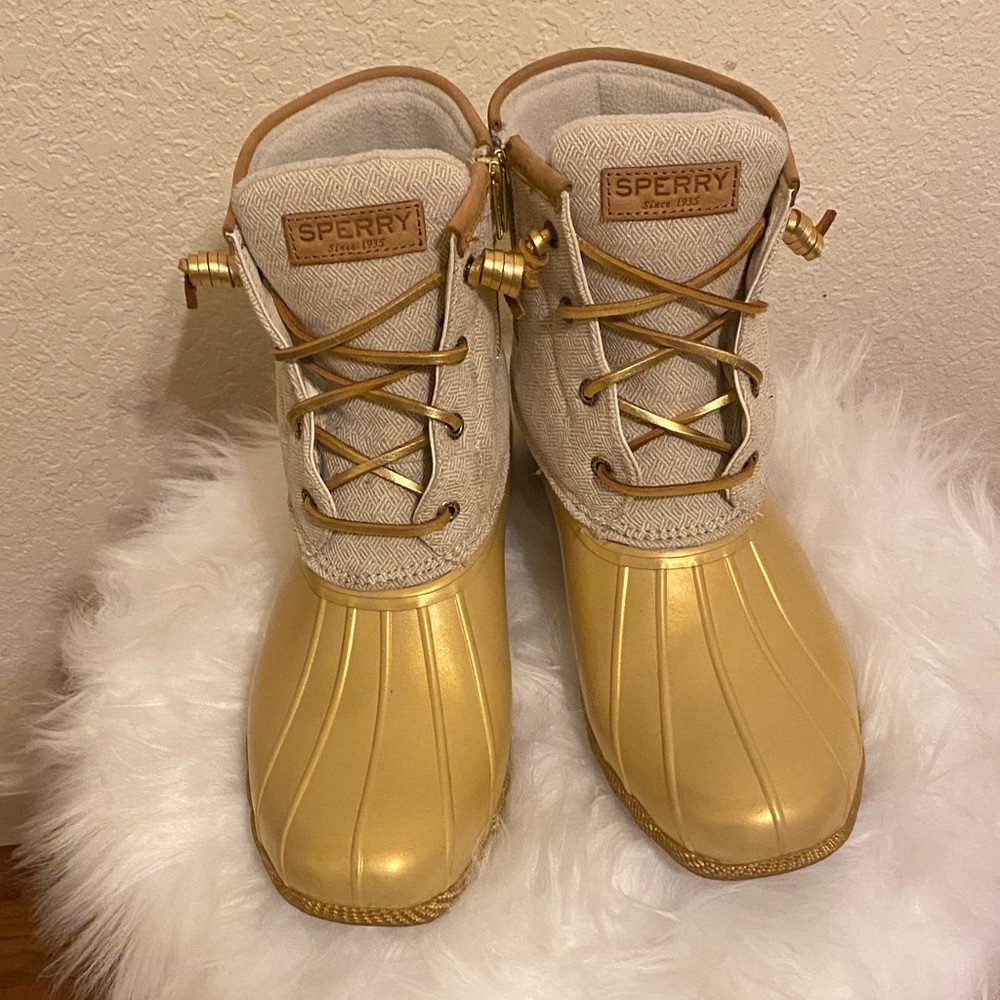 Sperry Gold and Beige Rain Boots